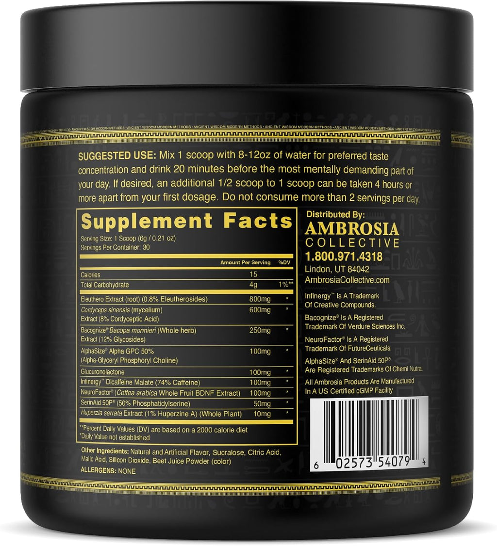 Ambrosia Mental Jewels Powder - Cognitive Enhancer | Increase Memory, Communication Skills, Concentration & Focus | Decrease Reaction Time | Alpha GPC, Choline, BaCognize | 30 Servings| Cherry Limeade