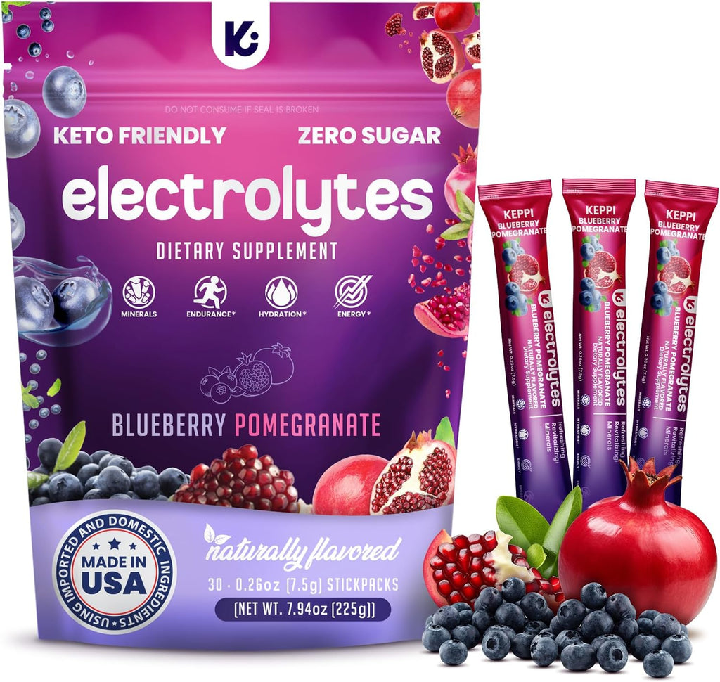 Keppi Electrolytes Powder Packets – Blueberry Pomegranate Flavor – No Sugar Hydration Supplement with Potassium, Magnesium, Sodium – 30 Hydration Packets – Keto, Vegan, Fasting-Friendly, Zero Calorie