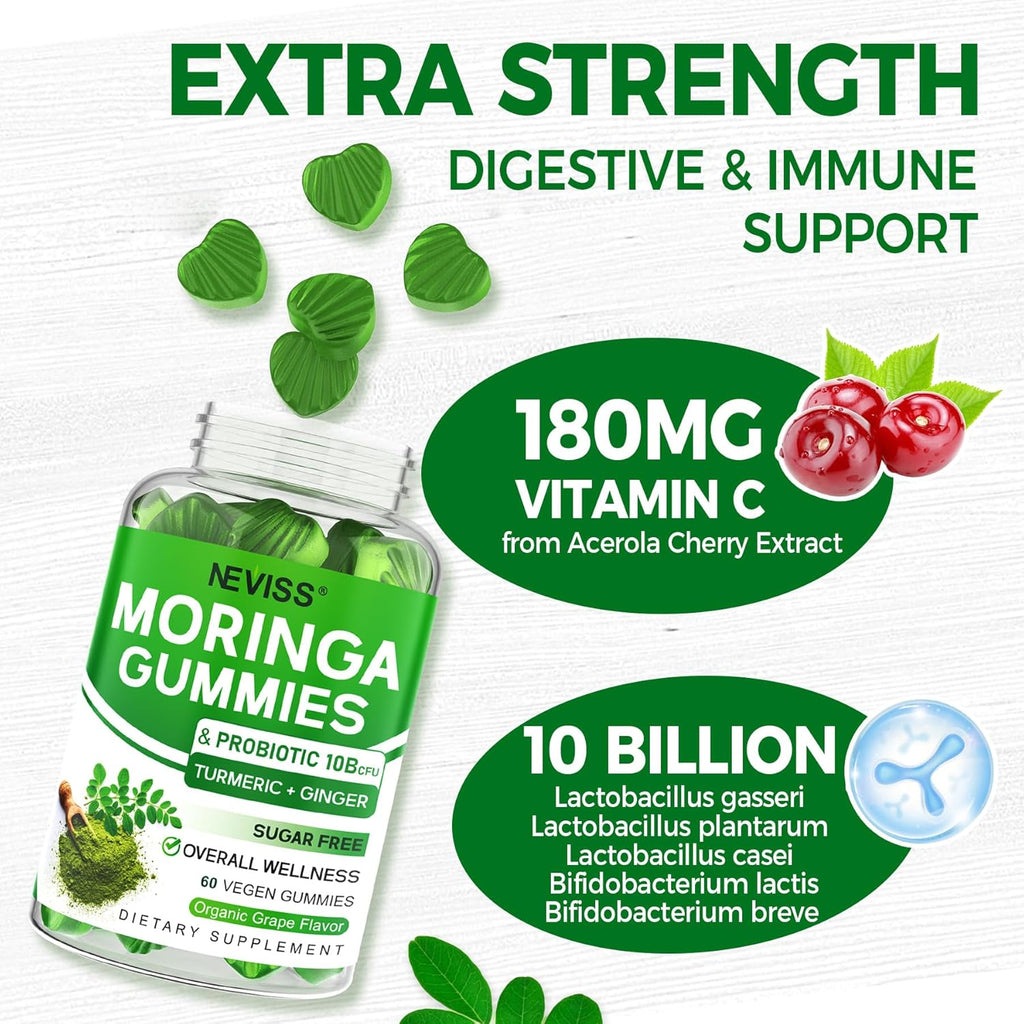 Moringa Gummies for Women Men, Sugar Free, Vegan, with 10 Billion CFU Probiotic Turmeric Ginger Ceylon Cinnamon, Chewable Organic Pure Moringa Leaf Supplement for Adults | Gut & Immune Support, 60Cts