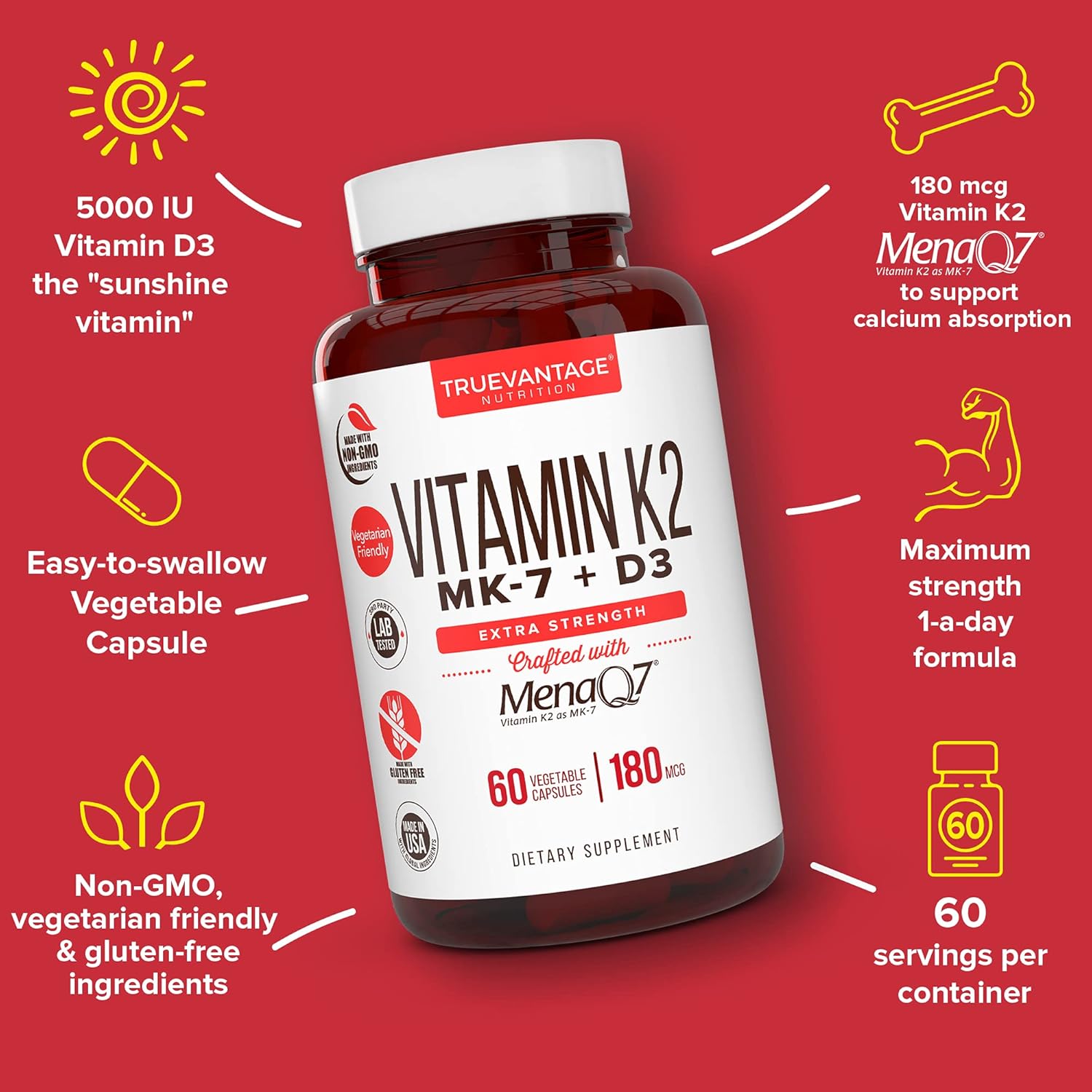 Vitamin K2 D3 Supplement 5000 IU D3 and 180 mcg Vitamin k2 MK7 Supplement for Healthy Bones, Healthy Heart & Cardiovascular Health-60 Easy to Swallow Vegetable caps of MenaQ7 K2 MK7