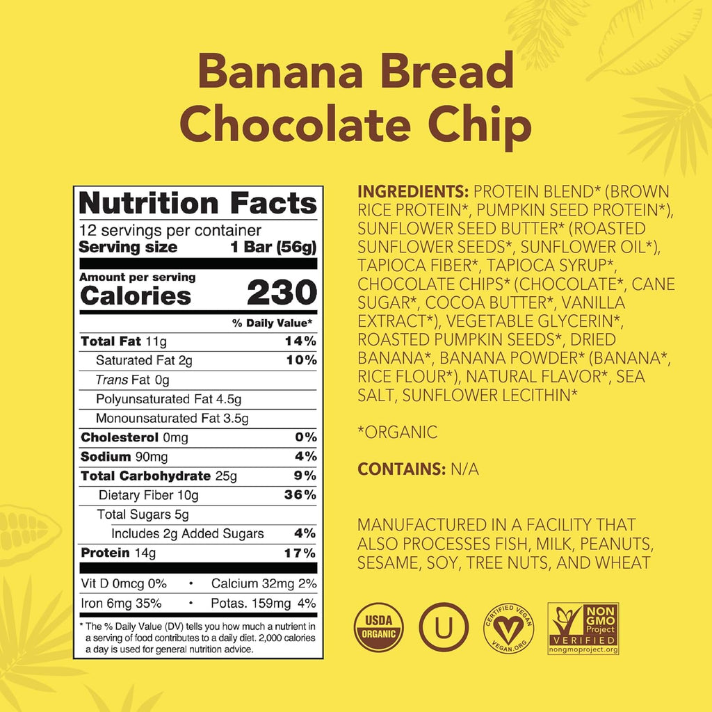 ALOHA Organic Plant Based Protein Bars - Banana Bread Chocolate Chip - 12 Count, 1.9oz Bars - Vegan Snacks, Low Sugar, Gluten-Free, Low Carb, Paleo, Non-GMO, Stevia-Free, No Sugar Alcohols