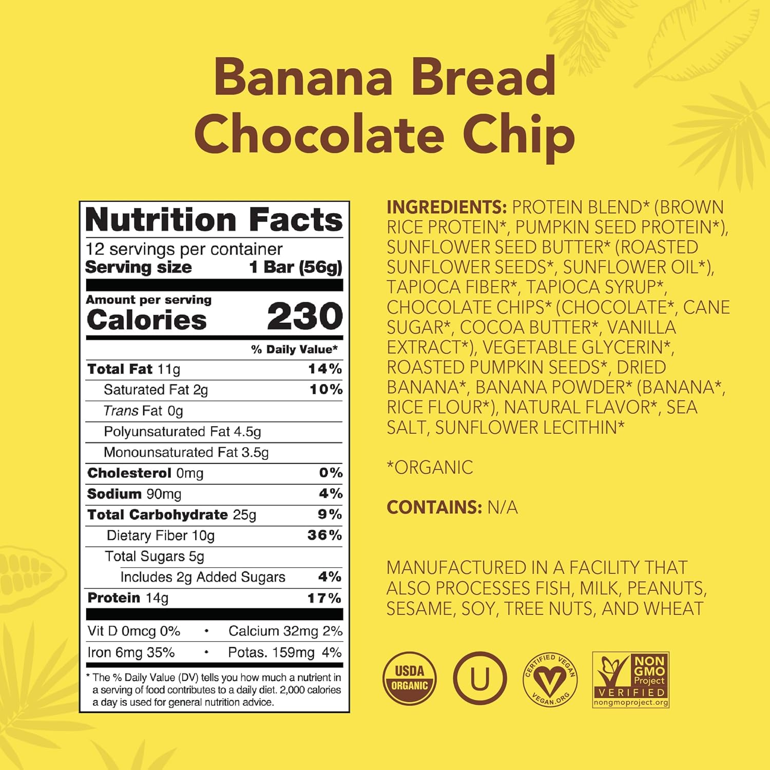 ALOHA Organic Plant Based Protein Bars - Banana Bread Chocolate Chip - 12 Count, 1.9oz Bars - Vegan Snacks, Low Sugar, Gluten-Free, Low Carb, Paleo, Non-GMO, Stevia-Free, No Sugar Alcohols