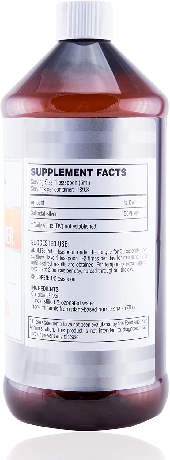 Premium Colloidal Silver Liquid 50PPM | Immune Support True Hydrosol Water Solution with Pure Plant Based Natural Minerals | Bioactive Nanoparticles Sol for Men, Women, Kids, (32 Oz)
