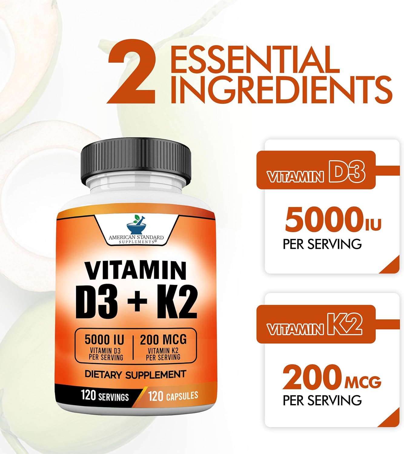 American Standard Supplements Vitamin D3 5000 IU (125mcg) Plus Vitamin K2 (MK7) 200mcg Per Capsule - Gluten Free, Non-GMO, 120 Capsules, 120 Servings, 120 Day Supply