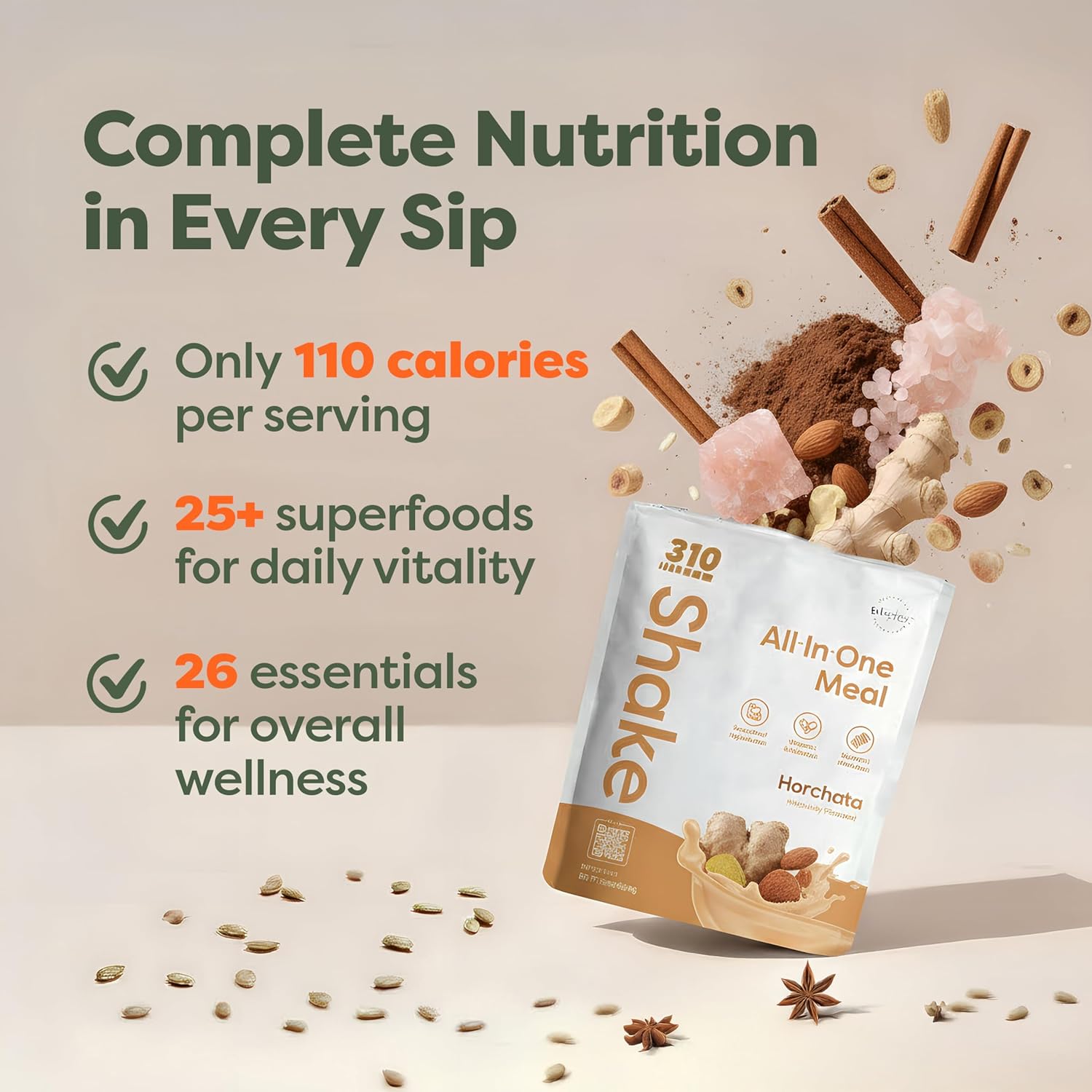 310 Nutrition All-In-One Meal Replacement Shake - Plant-Based Protein Powder with High Fiber, Probiotics, Digestive Enzymes & Adaptogens - Low Carb Vegan Keto Friendly Superfoods Smoothie - Horchata Flavor - 14 Servings
