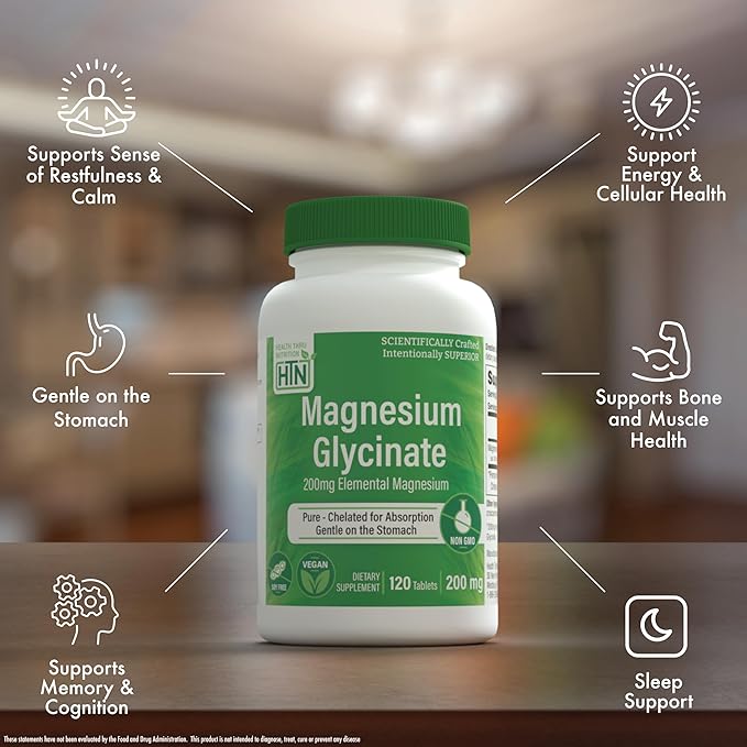 Magnesium Glycinate - Muscle, Nerves, Relaxation & Sleep Supplement | 200mg Elemental Magnesium Fully Reacted Chelated | Gentle on The Stomach | Non-GMO 120 Tablets | by Health Thru Nutrition