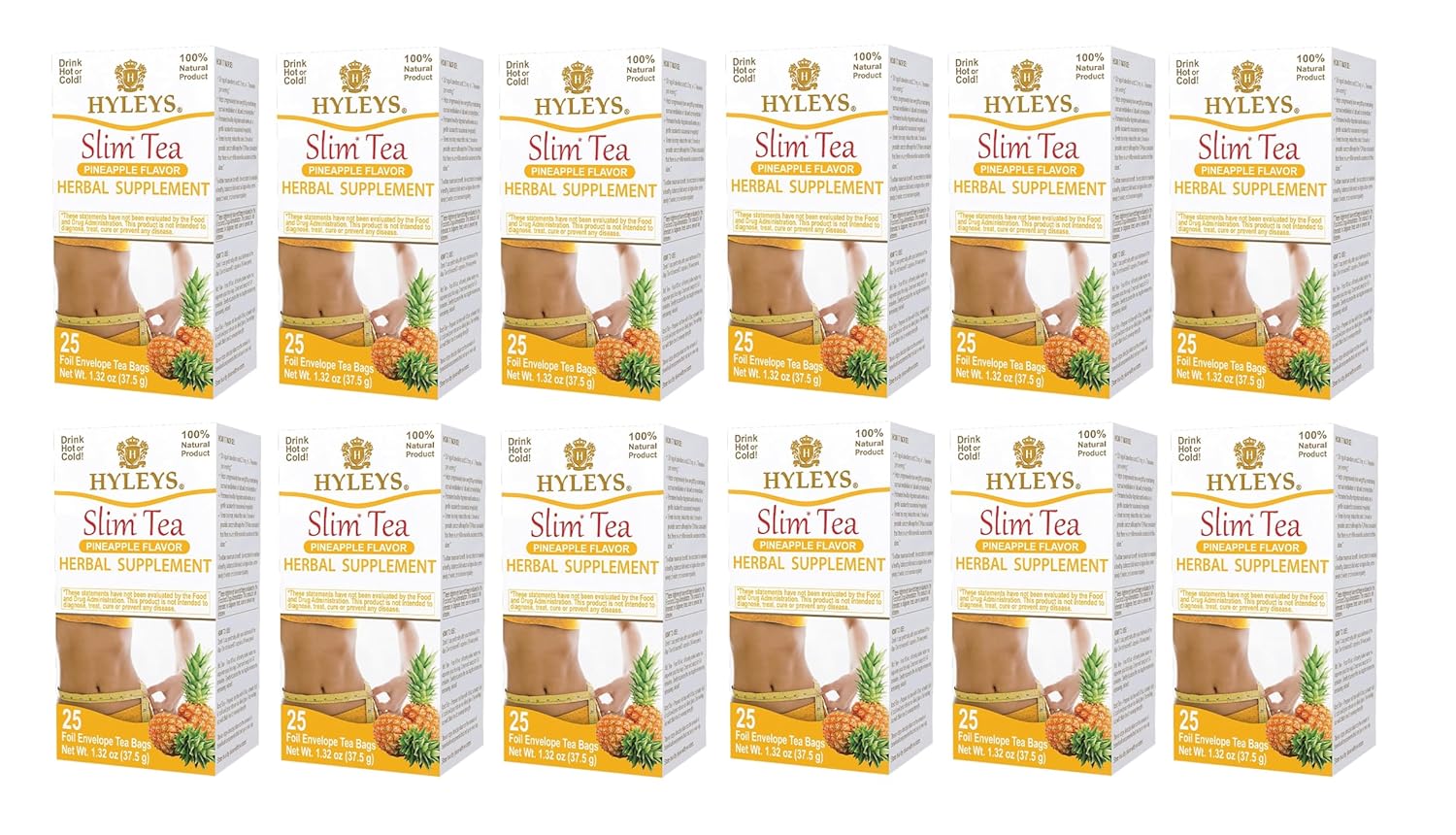 Hyleys Slim Tea Pineapple Flavor - Weight Loss Herbal Supplement Cleanse and Detox - 25 Tea Bags (12 Pack)