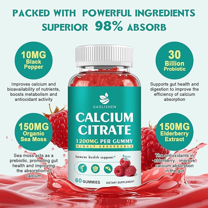 Sugar Free Calcium Citrate 1200mg with Vitamin D3 Supplements Gummies, Calcium Gummies with Vitamin D3, K2 for Women & Men, Raspberry Flavor, 30 Day Supply