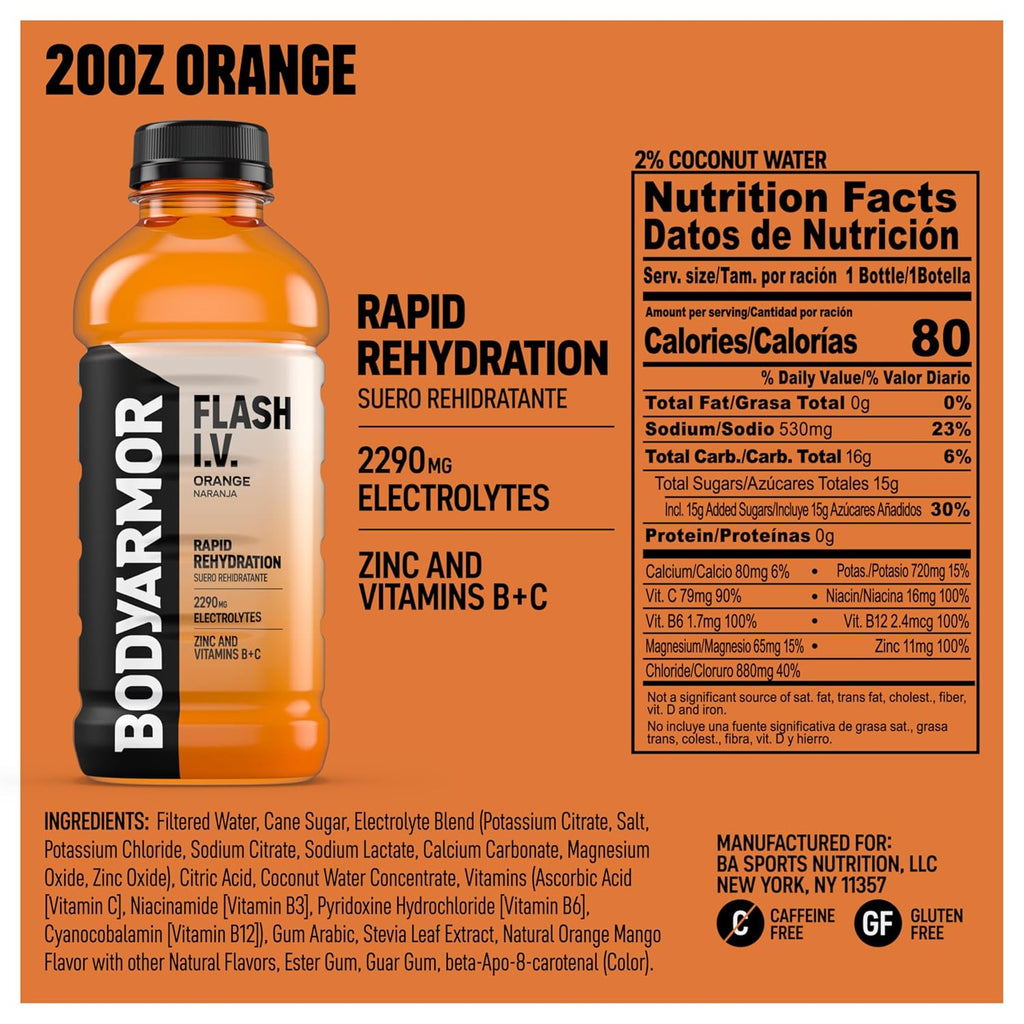 BODYARMOR Flash I.V. Electrolyte Beverage, Orange, Hydration Drink with Coconut Water For Rapid Rehydration, Post Workout Recovery, 20 Fl Oz (Pack of 12)
