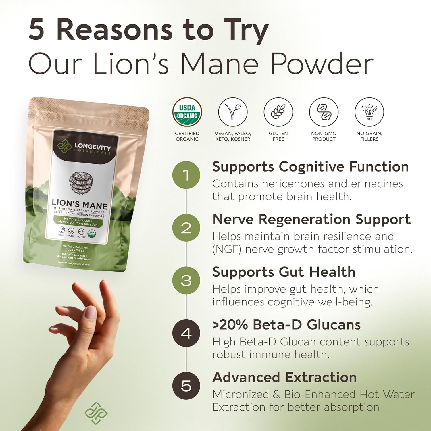Organic Lions Mane Powder Mushroom Supplement 100g | Pure Fruiting Body 8:1 High Strength Extract | 20% Beta-D Glucans | 13,280mg Raw Equivalent Per Serving | Focus, Memory, Gut, Nerve & Brain Support