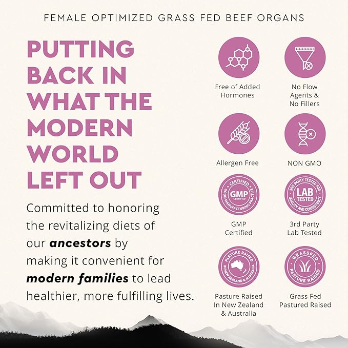 Beef Organ Supplement for Women – Supports Hormone Balance, Energy & Wellness – Grass Fed, Pasture Raised Superfood – Liver, Heart, Kidney, Bone Marrow – Collagen, CoQ10, B12 – Female Support Blend