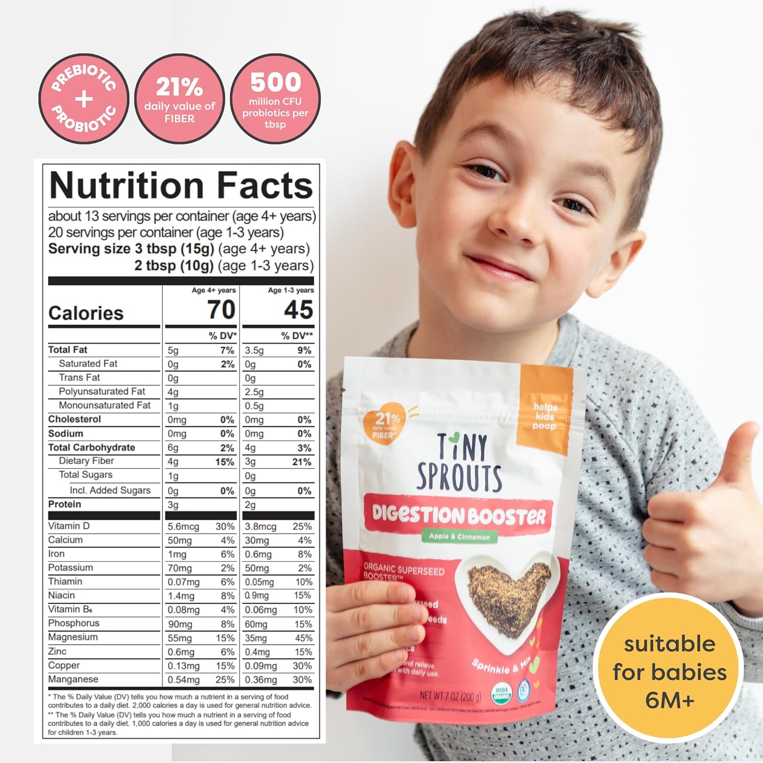 Organic Milled Chia & Flax Seed Digestion Blend with Vitamin D + PROBIOTICS Prebiotic Fiber Superseeds for 6M+ Babies Toddlers & Kids for Digestive Support (Apple & Cinnamon, 7oz x 1 Pack)