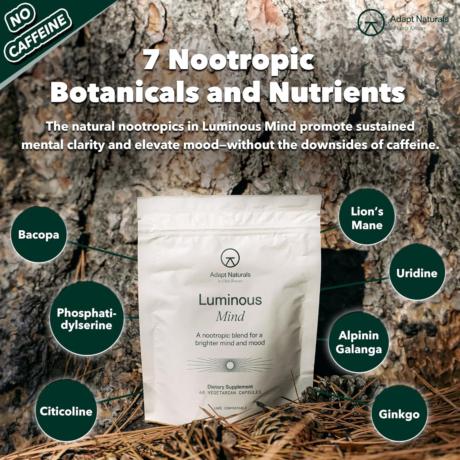 Adapt Naturals Luminous Mind Nootropic Brain Supplement with Ginkgo Biloba, Bacopa and Lions Mane | Memory, Focus, Mental Clarity and Elevated Mood Support | No Caffeine, Crash Free - 30 Days Supply