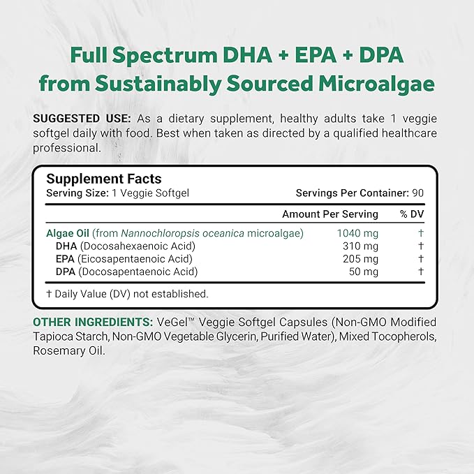 Naturalis Double Strength Vegan Omega 3 DHA, EPA & DPA from Microalgae | Vegan Society Certified, Sustainably Sourced, True Full Spectrum | 90 Veggie Softgels (Carrageenan Free)