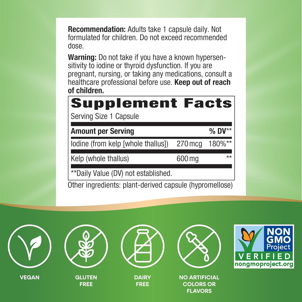 Nature's Way Kelp, Supports Thyroid Function*, 600 mg per Serving, Non-GMO Project Verified, 180 Capsules (Packaging May Vary)