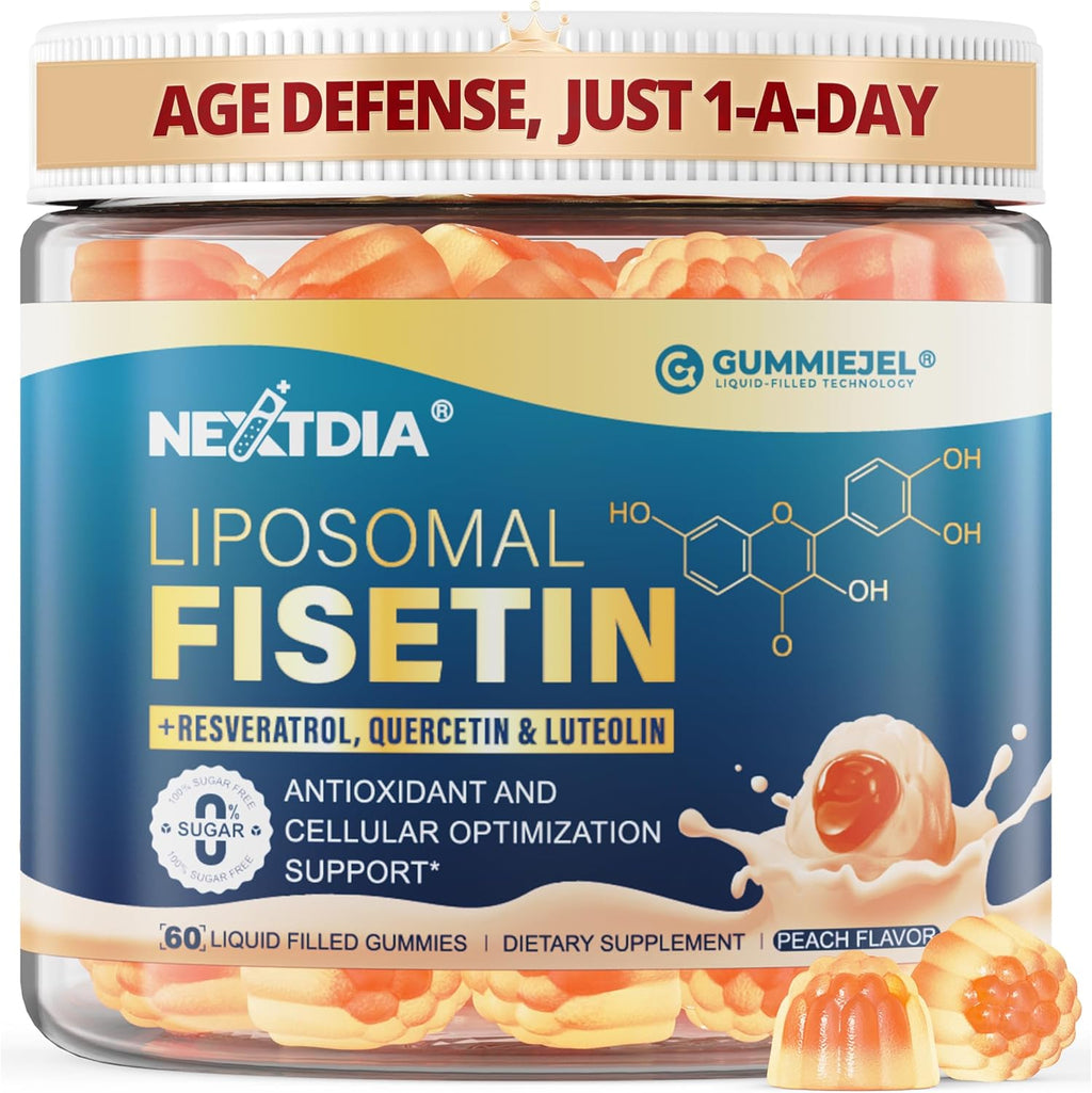 Liposomal Fisetin 200mg & Resveratrol Complex 500mg Liquid Gummies - Longevity & Cell Renewal Support - 98% High Purity Fisetin,Trans-Resveratrol Quercetin Luteolin with Vitamins C & E, 1-A-Day, 60Cts