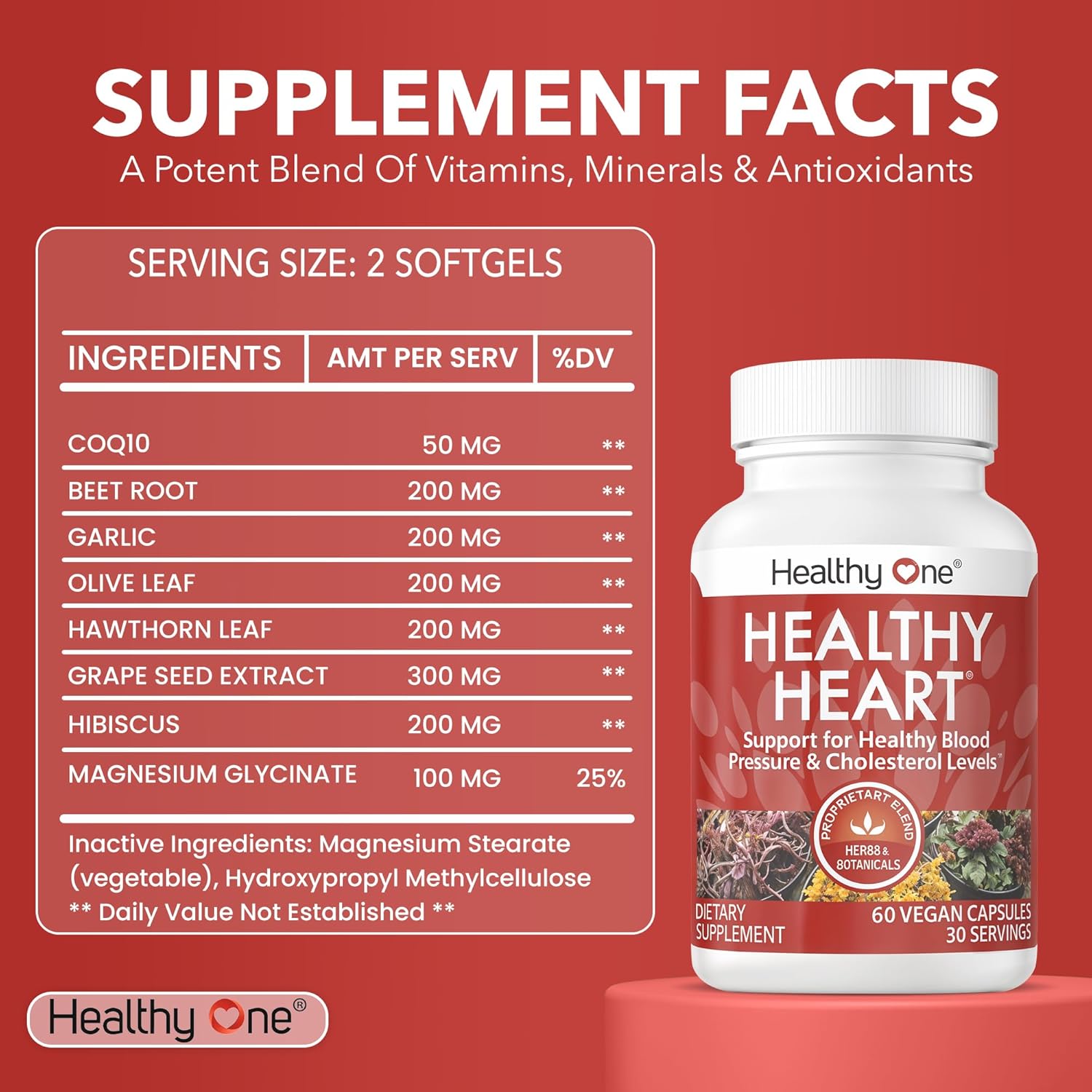 Healthy Heart - CoQ10 - Cholesterol - Circulation - Inflammation - Blood Pressure - Plaque - Cortisol - Arteries - LDL - HDL - Hawthorne - Beet Root - Garlic - Olive Leaf - Hibiscus - 120 Count