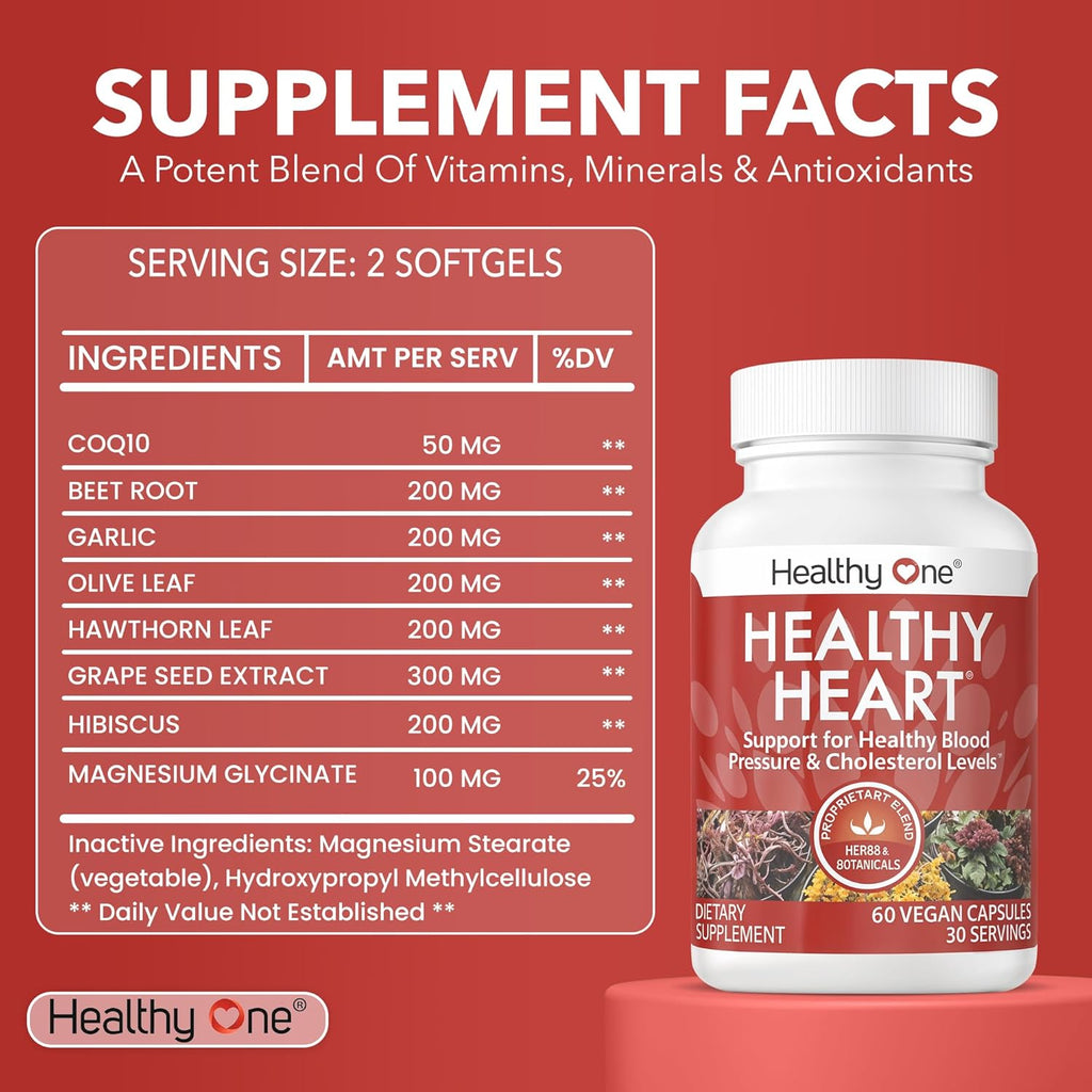 Healthy Heart - Promotes Healthy Cholesterol Circulation & Blood Pressure - Plaque - Cortisol - Arteries - LDL - HDL - CoQ10 - Hawthorne - Beet Root - Garlic - Olive Leaf - Hibiscus - 60 Count
