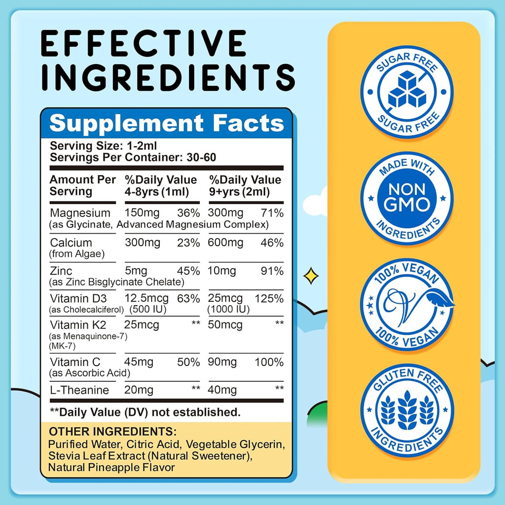 Kids Magnesium Liquid Drops - Magnesium Glycinate Liquid for Kids, Magnesium Supplement with L-Theanine, Calcium, Zinc, Vitamin D3 K2 for Sleep Calm Relaxation Brain Bones, Pineapple Flavor 2 Fl Oz