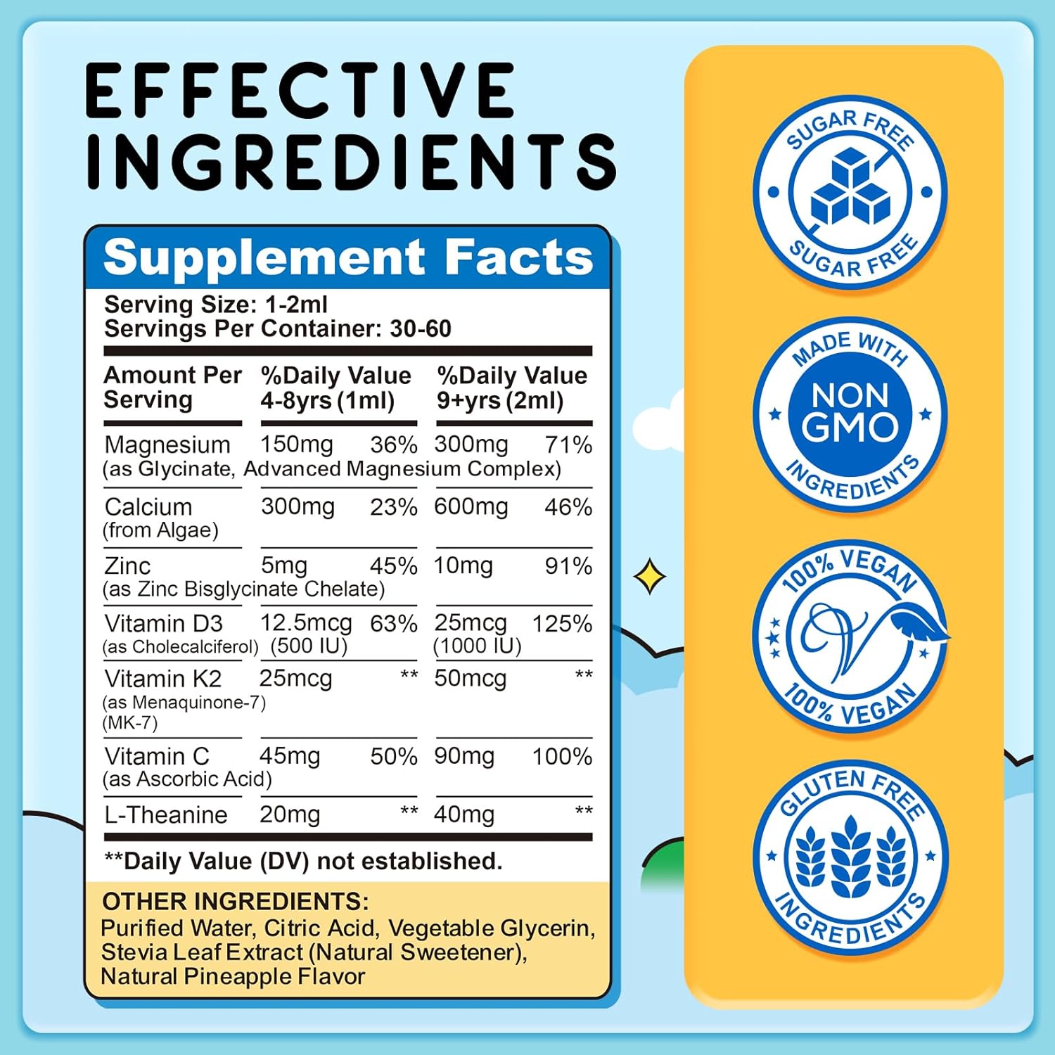 Kids Magnesium Liquid Drops - Magnesium Glycinate Liquid for Kids, Magnesium Supplement with L-Theanine, Calcium, Zinc, Vitamin D3 K2 for Sleep Calm Relaxation Brain Bones, Pineapple Flavor 2 Fl Oz