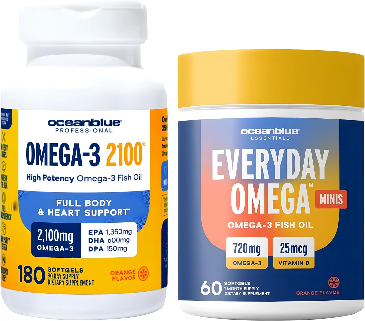 Oceanblue Omega-3 Bundle – 2100 Triple Strength 180ct + Essentials Everyday Omega Minis 60ct – High-Potency EPA, DHA, DPA with Vitamin D3 – Orange Flavor – Heart, Brain & Immune Support - 2 Pack