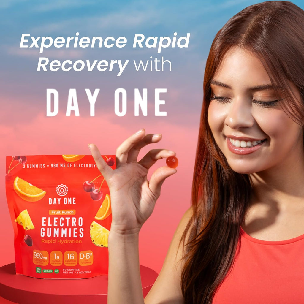 Day One Electrogummies - 60pcs. of Fruit Punch Flavored Electrolyte Gummies for Hydration and Recovery - Packed with Essential Electrolytes Ideal for Workouts, Running, Hiking and More