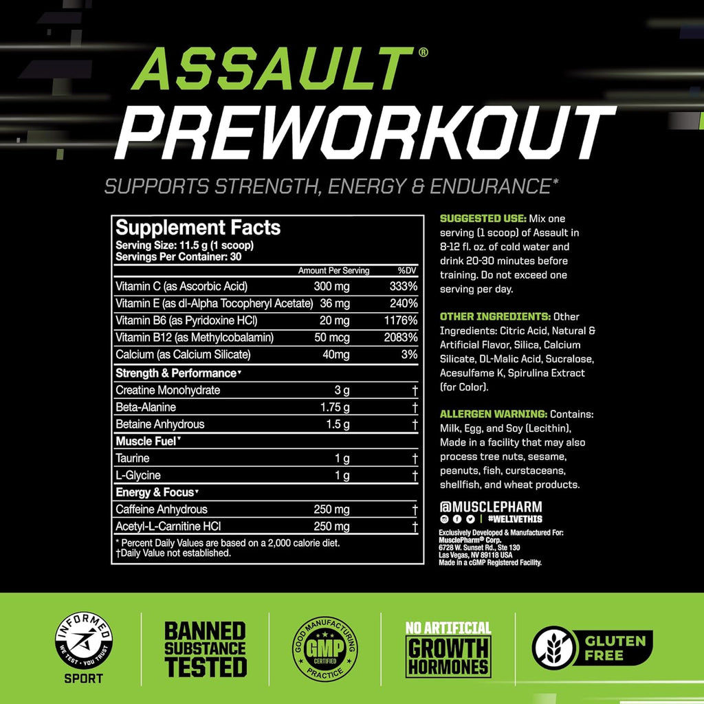 Muscle Pharm Assault Energy & Strength Pre Workout Powder for Men & Women with Beta Alanine, Caffeine, Creatine & Betaine Anhydrous, Pre-Workout Supplements, 30 Servings, Blue Raspberry Flavor