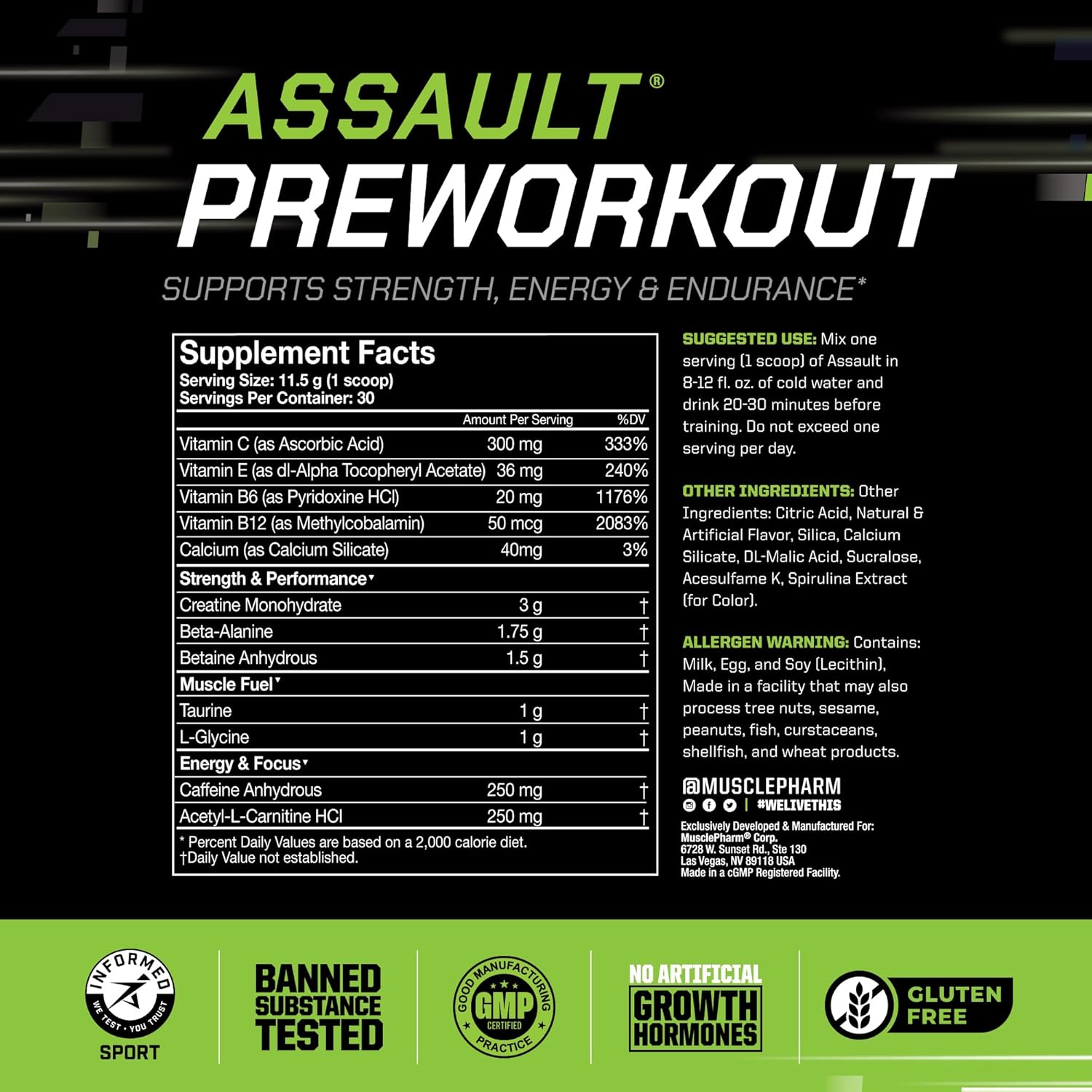 Muscle Pharm Assault Energy & Strength Pre Workout Powder for Men & Women with Beta Alanine, Caffeine, Creatine & Betaine Anhydrous, Pre-Workout Supplements, 30 Servings, Blue Raspberry Flavor