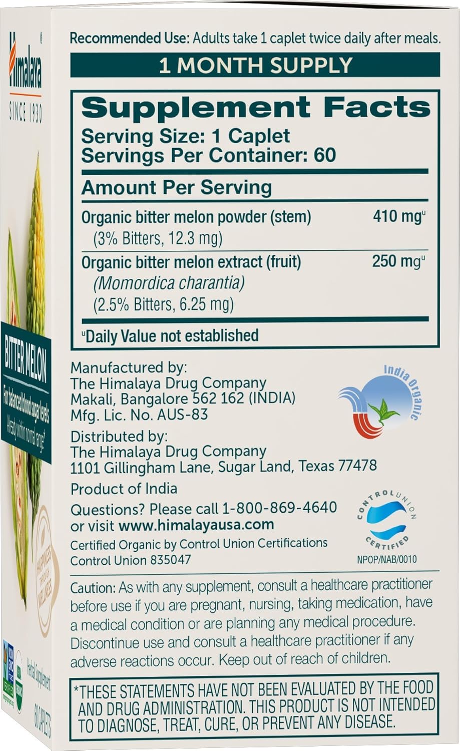 Himalaya Organic Bitter Melon - Herbal Glucose Metabolism Support - USDA Organic, Non-GMO, Vegan, Gluten Free, 660 mg, 60 Caplets