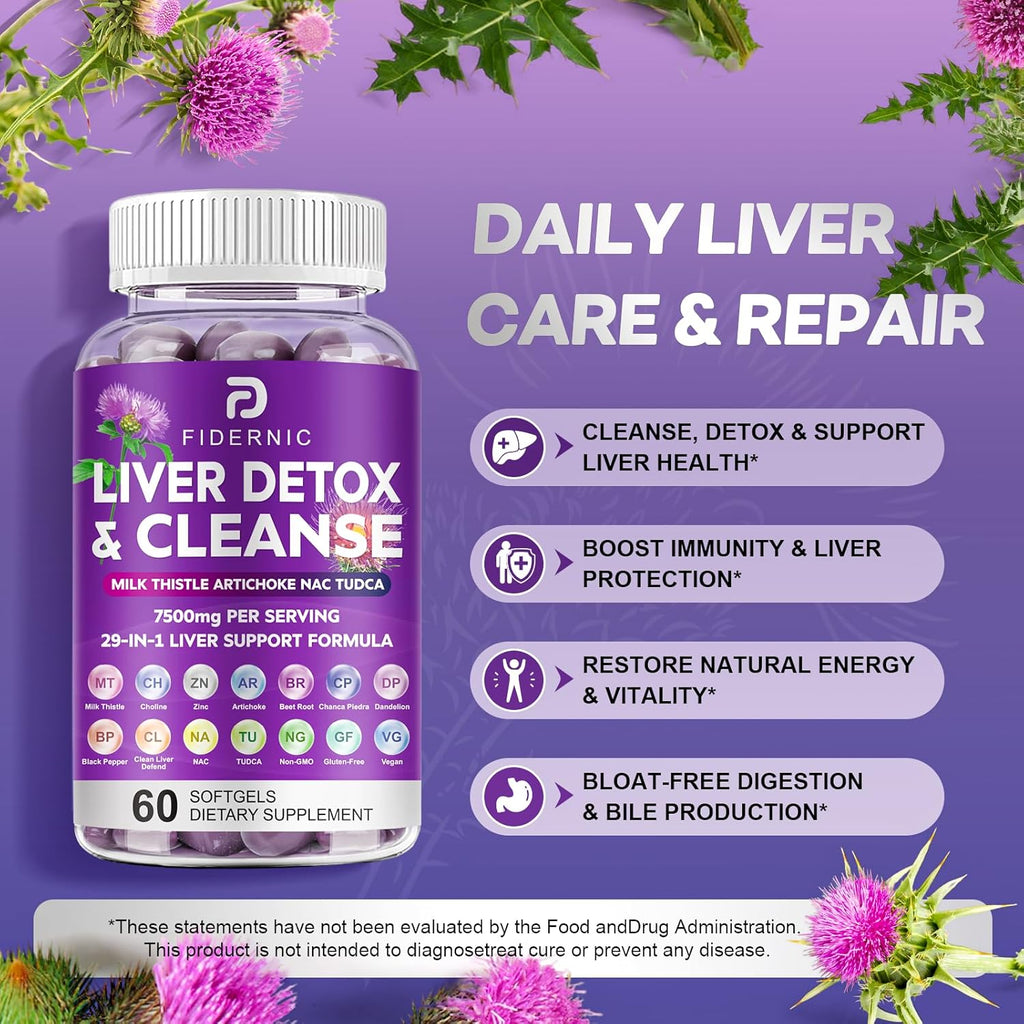 Liver Cleanse Detox & Repair - Herbal Liver Support Milk Thistle Supplement, 7500mg Strength Liver Health Support with Silymarin Artichoke Extract Dandelion Beet TUDCA Choline NAC, 120 Vegan Softgels