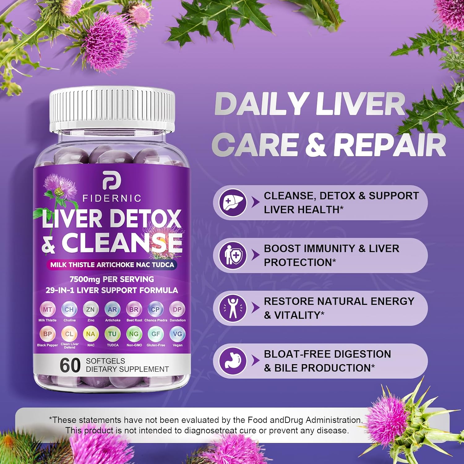 Liver Cleanse Detox & Repair - Herbal Liver Support Milk Thistle Supplement, 7500mg Strength Liver Health Support with Silymarin Artichoke Extract Dandelion Beet TUDCA Choline NAC, 120 Vegan Softgels