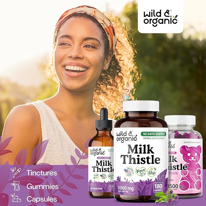 Wild & Organic Milk Thistle Capsules 1000mg - Liver Supplement - Silymarin Milk Thistle Seeds Powder for Liver Support - 180 Vegan Capsules - 3-Month Supply - No Fillers, Non-GMO