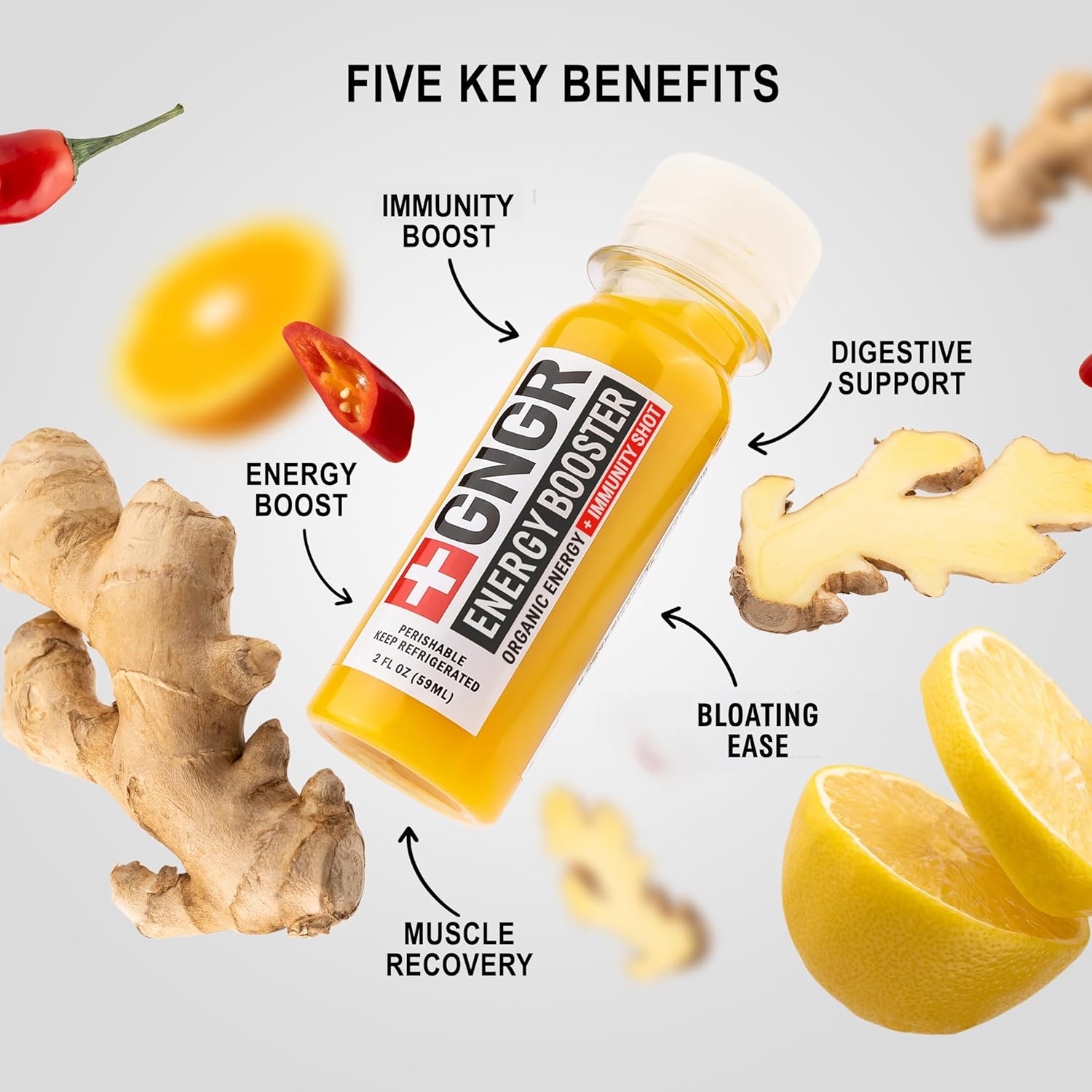 +GNGR Energy Booster & Immunity Shot, Cold-Pressed Ginger Shots with Lions Mane, 75mg of Natural Caffeine Green Tea, Turmeric Root, Vitamin D & Zinc for All Natural Immune Support (2 Oz, Pack of 12)