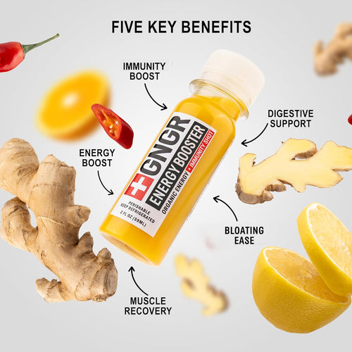 +GNGR Energy Booster & Immunity Shot, Cold-Pressed Ginger Shots with Lions Mane, 75mg of Natural Caffeine Green Tea, Turmeric Root, Vitamin D & Zinc for All Natural Immune Support (2 Oz, Pack of 12)