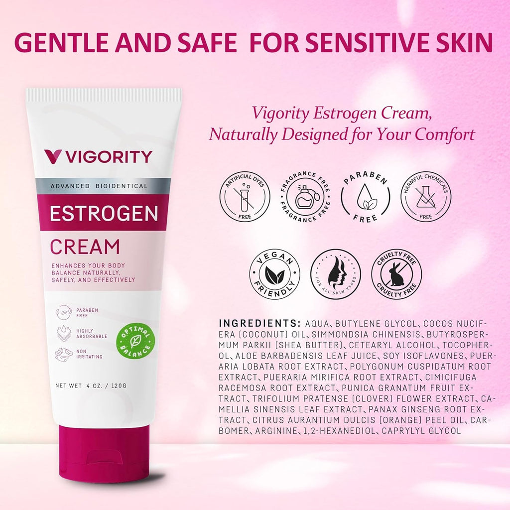 Estrogen Cream For Women, Natural Bioidentical, Hot Flashes Menopause Relief, Estrogen Cream With Wild Yam, Menstrual Cycle & Body Balance Support, Helps Reduce Hot Flashes, Paraben-Free, Vegan, 3-Month Supply(4 Oz)