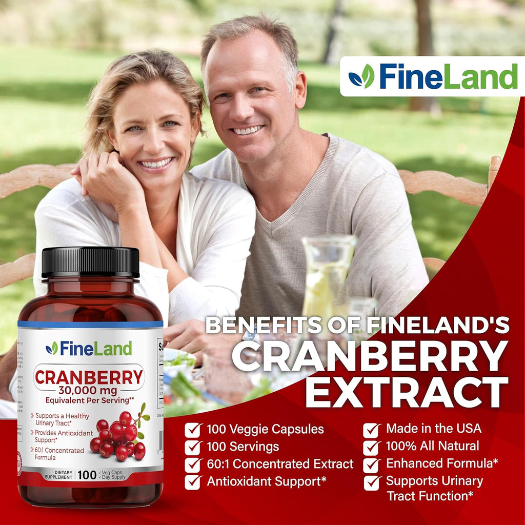 FineLand Cranberry Extract 30,000mg Strength per Capsule — High Potency Cranberry Pills for UTI Support — 100 Vegan Capsules, 100-Day Supply, Non-GMO, Made in USA