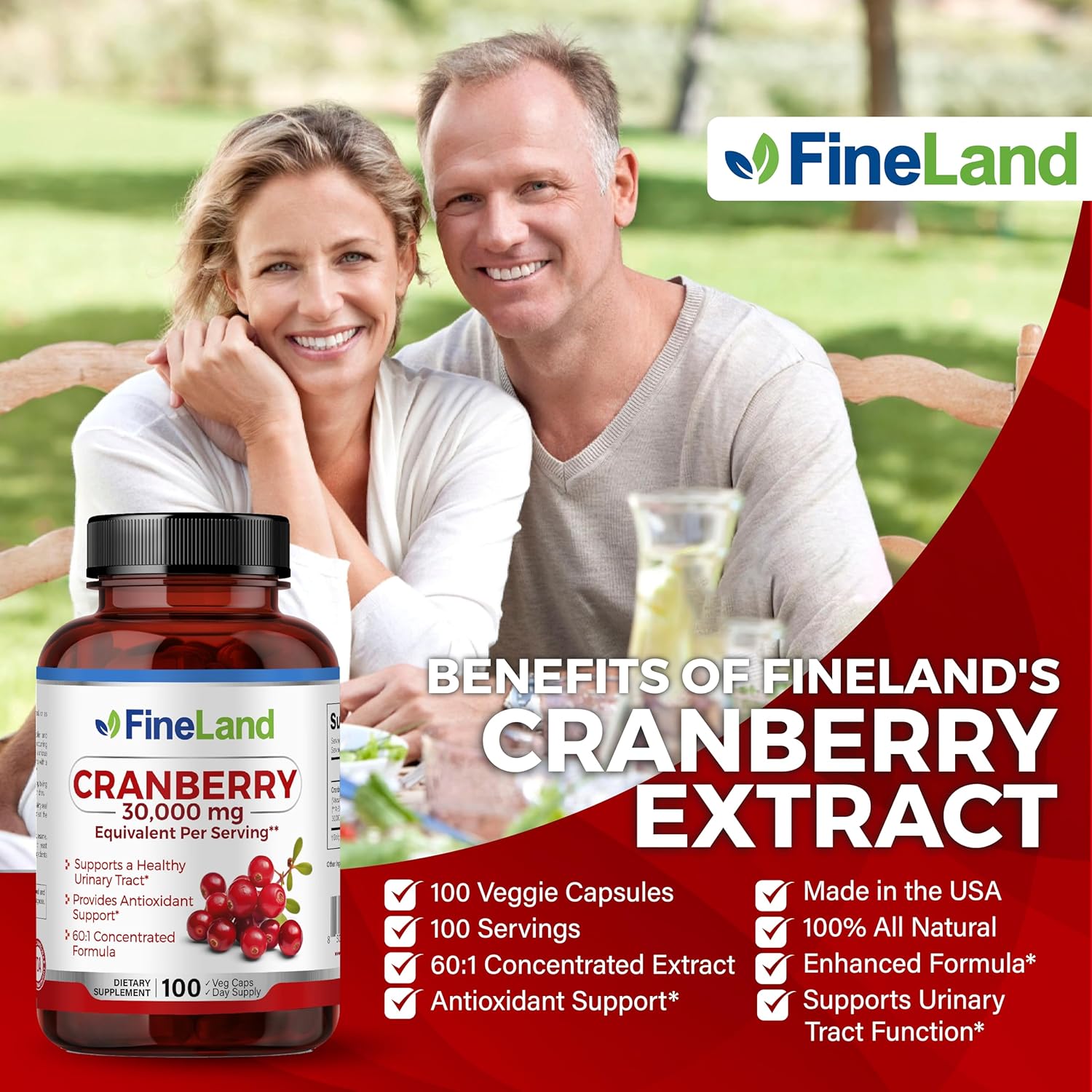 FineLand Cranberry Extract 30,000mg Strength per Capsule — High Potency Cranberry Pills for UTI Support — 100 Vegan Capsules, 100-Day Supply, Non-GMO, Made in USA