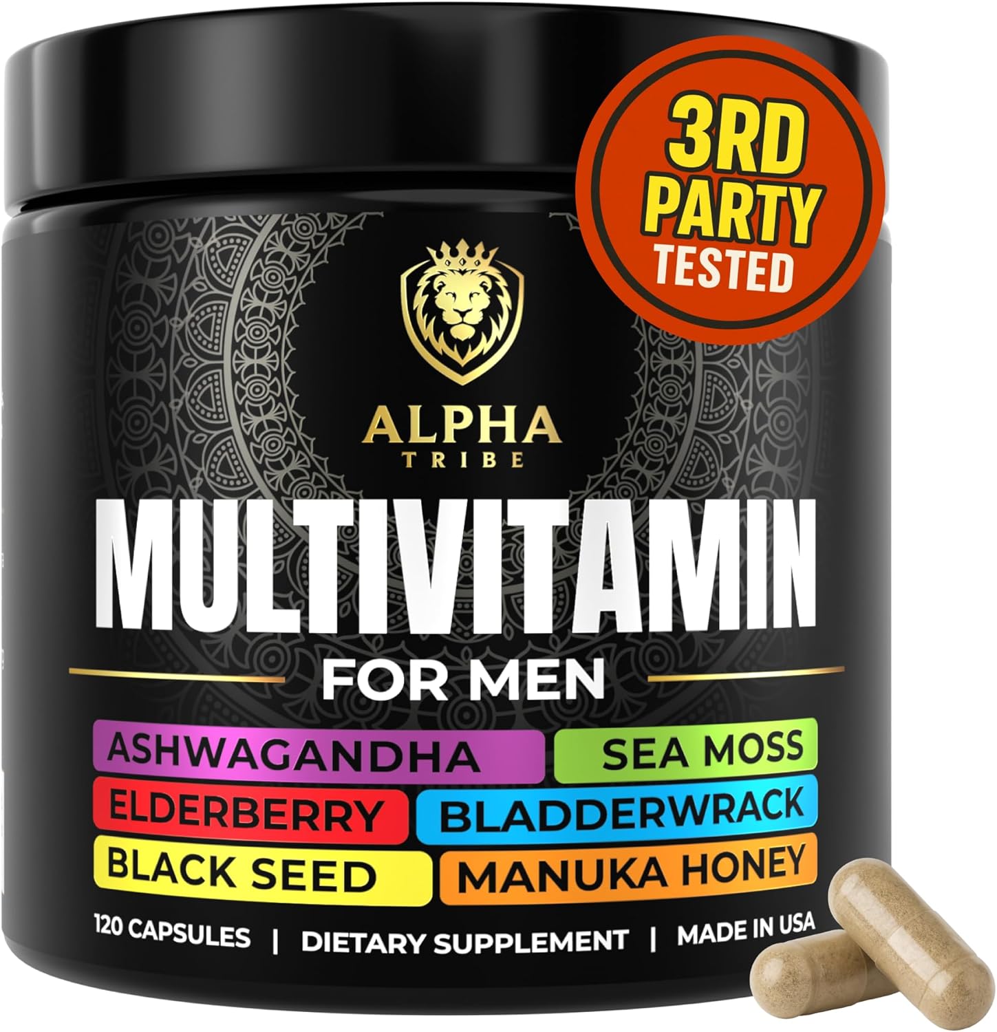 Alpha Tribe Multivitamin for Men with Sea Moss, Black Seed Oil, Ashwagandha, Turmeric Bladderwrack, Burdock,Vitamin C, Elderberry, Manuka, Yellow Dock | Daily Men's Vitamins and Minerals Supplement
