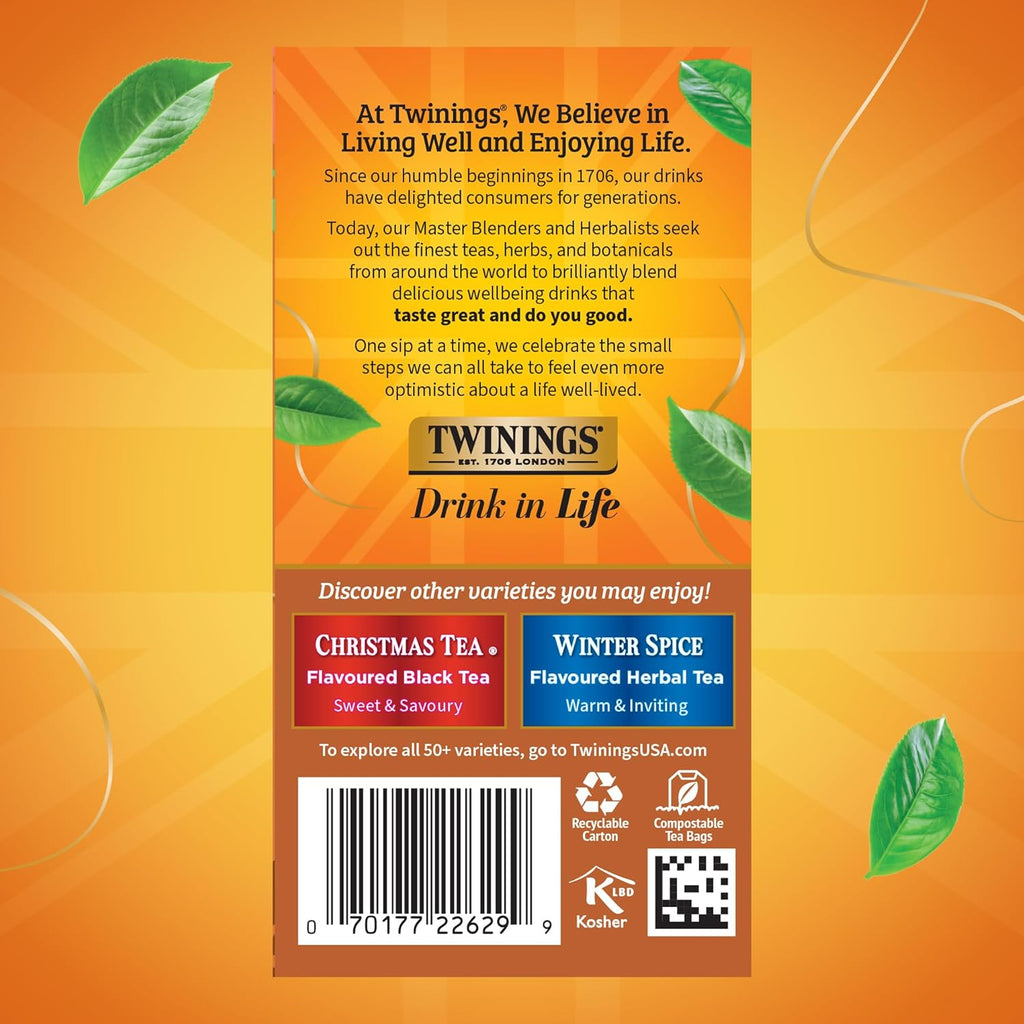 Twinings Gingerbread Joy Black Tea Individually Wrapped Bags, 20 Count (Pack of 1), Ginger & Cinnamon, Caffeinated, Enjoy Hot or Iced, 20 Teabags