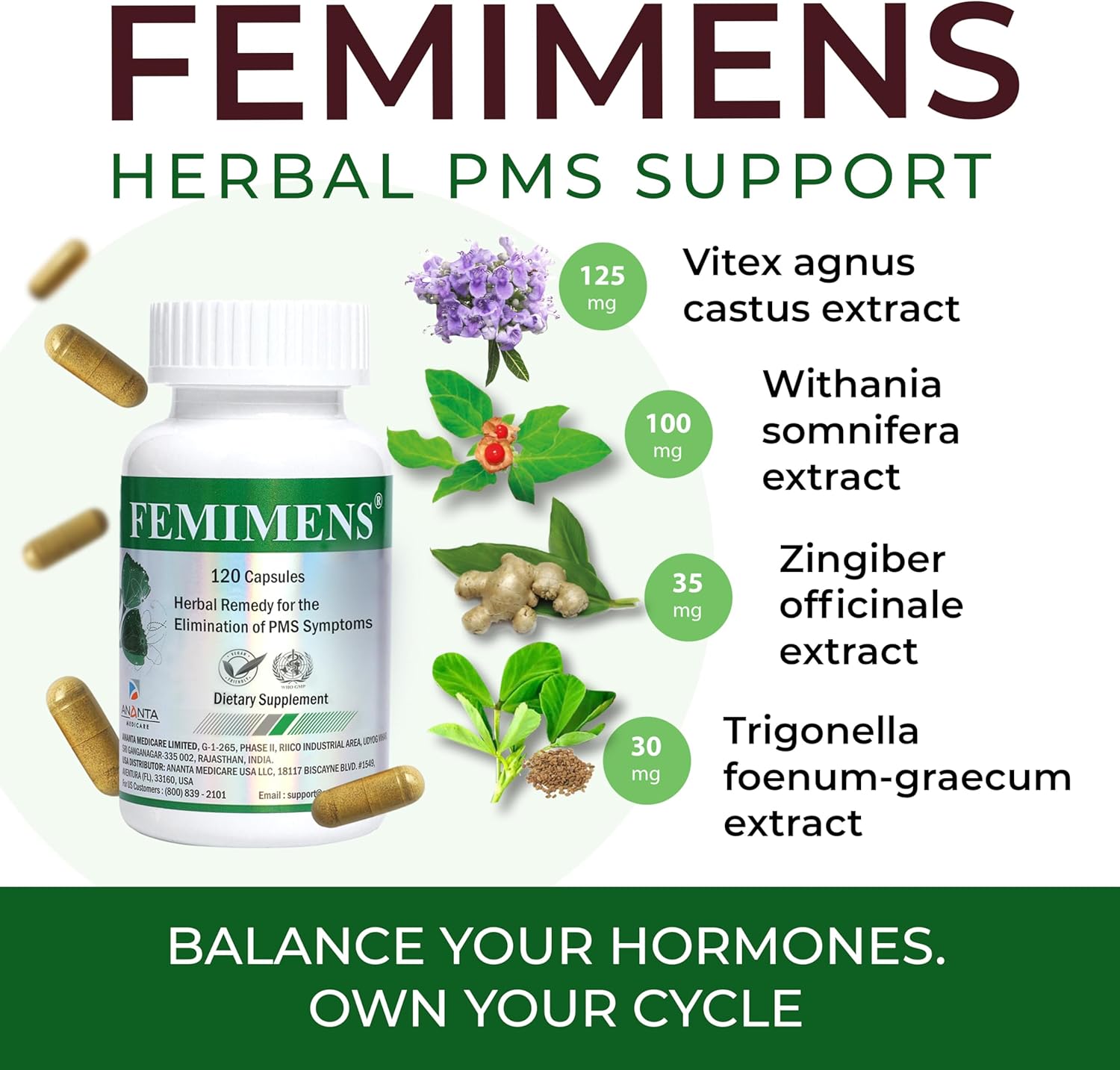 FEMIMENS – PMS Support Supplement for Women – PMS Relief for Women & Menstrual Cramp Relief – Hormonal Balance for Women – Chasteberry Vitex, Ashwagandha, Ginger, Fenugreek – 120 Vegan Capsules