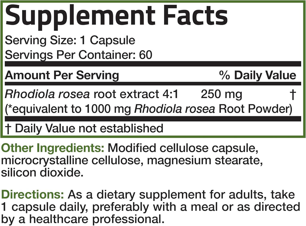 Bronson Rhodiola Rosea Vegetarian Capsules - Adaptogenic Herb - Brain, Stress & Mood Support - Non-GMO, 60 Count