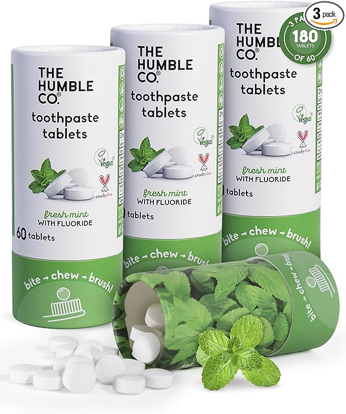 The Humble Co Chewable Toothpaste Tablets with Fluoride, Mint - Bite, Chew, Brush - Zero Water & Plastic Free Toothpaste Tabs - Travel-Friendly & Waste-Free Dental Oral Care Hygiene - 180 Count