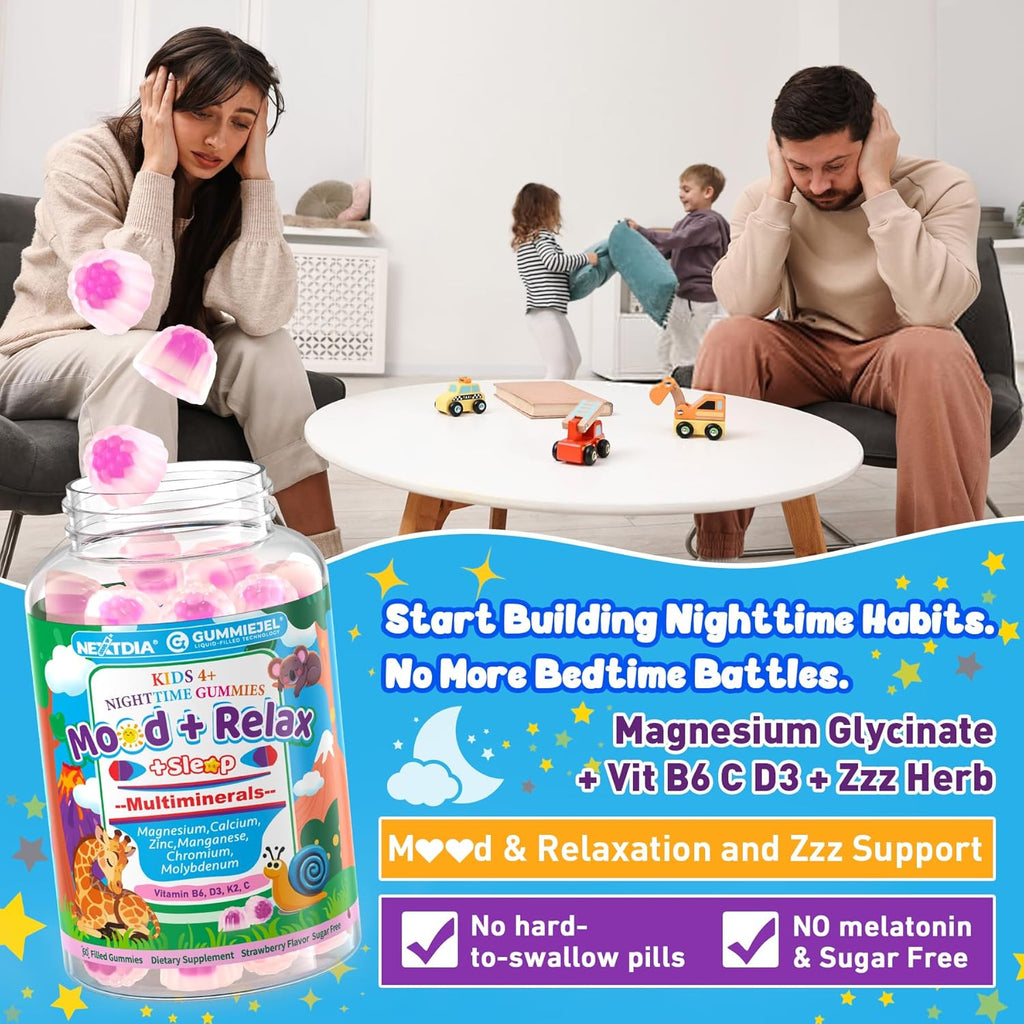 Kids Magnesium Glycinate | Calcium | Zinc, Nighttime Mineral + Multivitamin Filled Gummies, No Melatonin | Vitamin D3 K2 | Relax Happy, Bone, Bedtime Supplement, Only Need 1 Gummy - Sweet Dream Magic