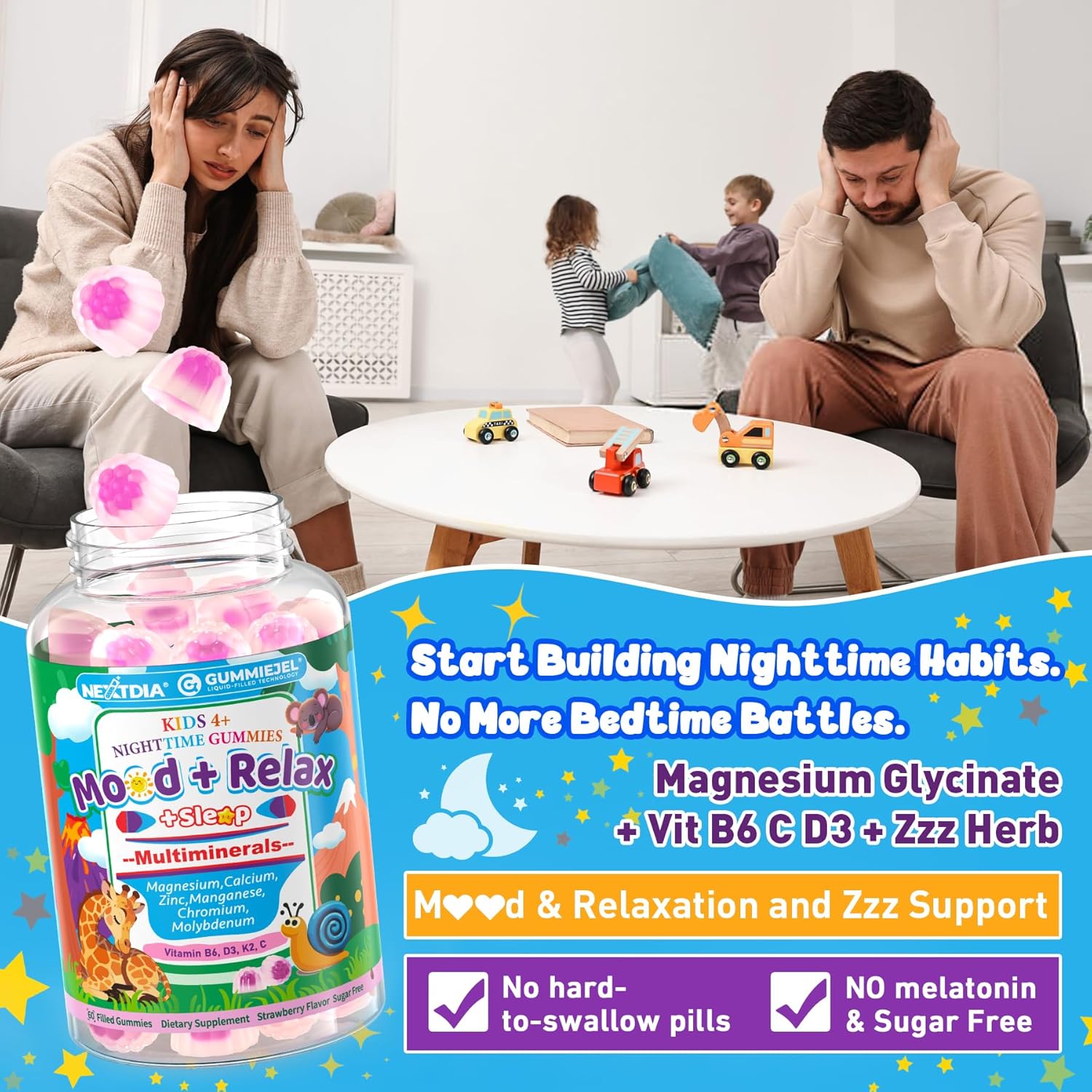 Kids Magnesium Glycinate | Calcium | Zinc, Nighttime Mineral + Multivitamin Filled Gummies, No Melatonin | Vitamin D3 K2 | Relax Happy, Bone, Bedtime Supplement, Only Need 1 Gummy - Sweet Dream Magic