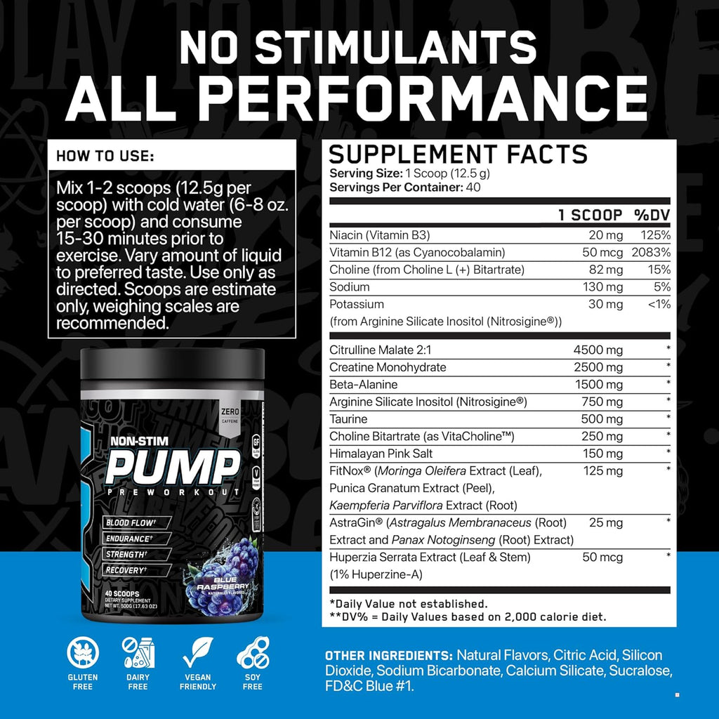 ABE Non Stim Pre-Workout with Creatine, Citrulline, Beta Alanine | Blue Razz | 40 or 20 Servings | All in One Stimulant Free Formula | Explosive Focus, Energy, and Muscle Pumps