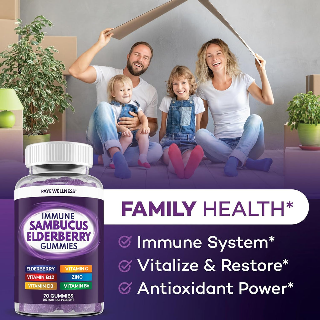 Elderberry Gummies Immune Support, Daily Support for Kids and Adults*, with Sambucus Elderberry, Zinc, Vitamin C, D3, B6, B12, Plus - Dietary Supplement - 210 Count