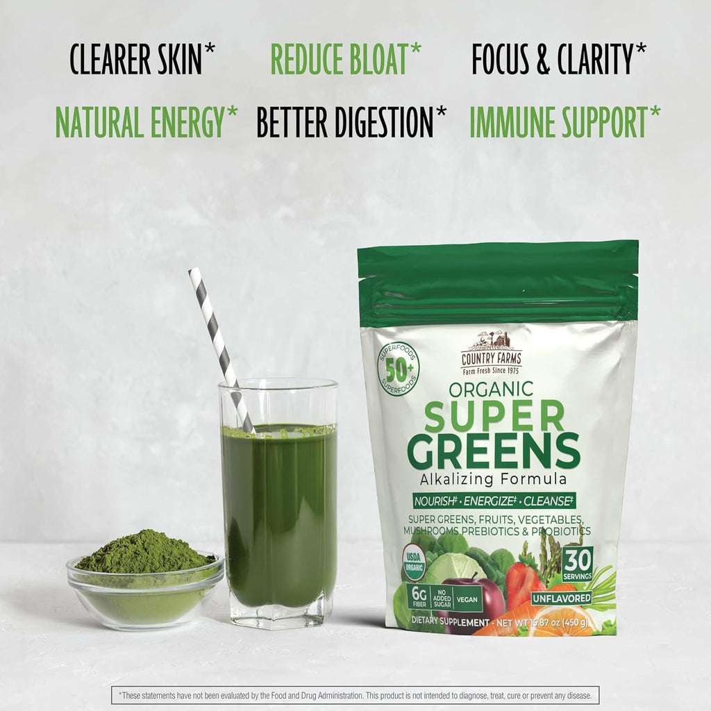 Country Farms Super Greens Natural Flavor, 50 Organic Super Foods, USDA Organic Drink Mix (Wheat Grass, Spirulina, Chlorella) Mushrooms & Probiotics, Fiber, Gut Health, Natural Energy, 30 Servings