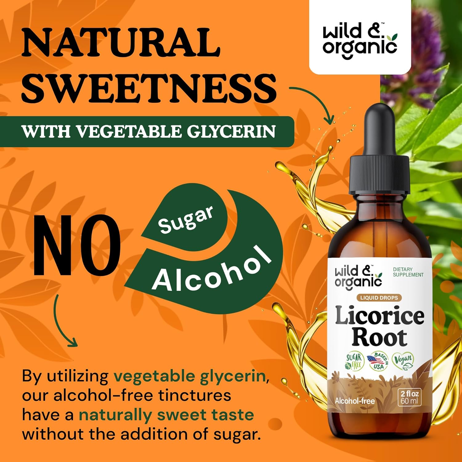 Wild & Organic Licorice Tincture - Digestive Support - Pure Licorice Root Extract Drops - Glycyrrhiza Glabra - Vegan, Sugar & Alcohol-Free Supplement - 2 fl oz