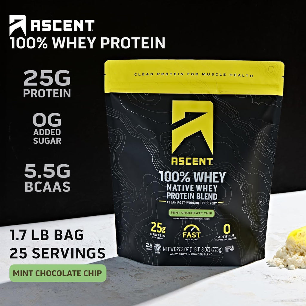Ascent 100% Whey Protein Powder - Post Workout Whey Protein Isolate, Zero Artificial Flavors & Sweeteners, Gluten Free, 5.5g BCAA, 2.6g Leucine, Military Exclusive, Mocha Cold Brew 1.7 lb