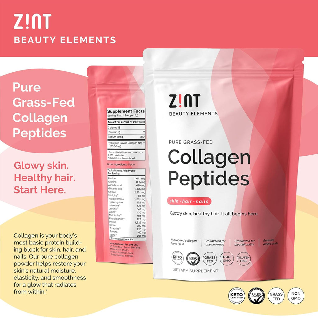 Zint Collagen Peptides Powder (32 oz) | Grass-Fed, Hydrolyzed Type I & III | Supports Skin, Hair, Joints & Gut Health | Rich in Key Amino Acids | Paleo-Friendly, Keto, Non-GMO, Unflavored